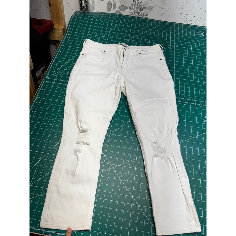 Express Jeans Mia Mid Rise Cropped Legging White Distressed Denim Size 14R